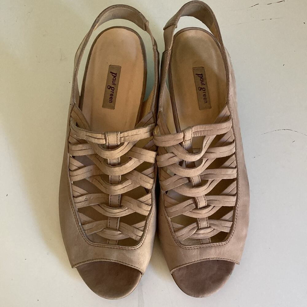 Paul Green Womens Size 6 US Tan Leather Sling Back Sandals 2” Block Heel